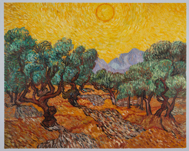 olive trees with yellow sky and sun